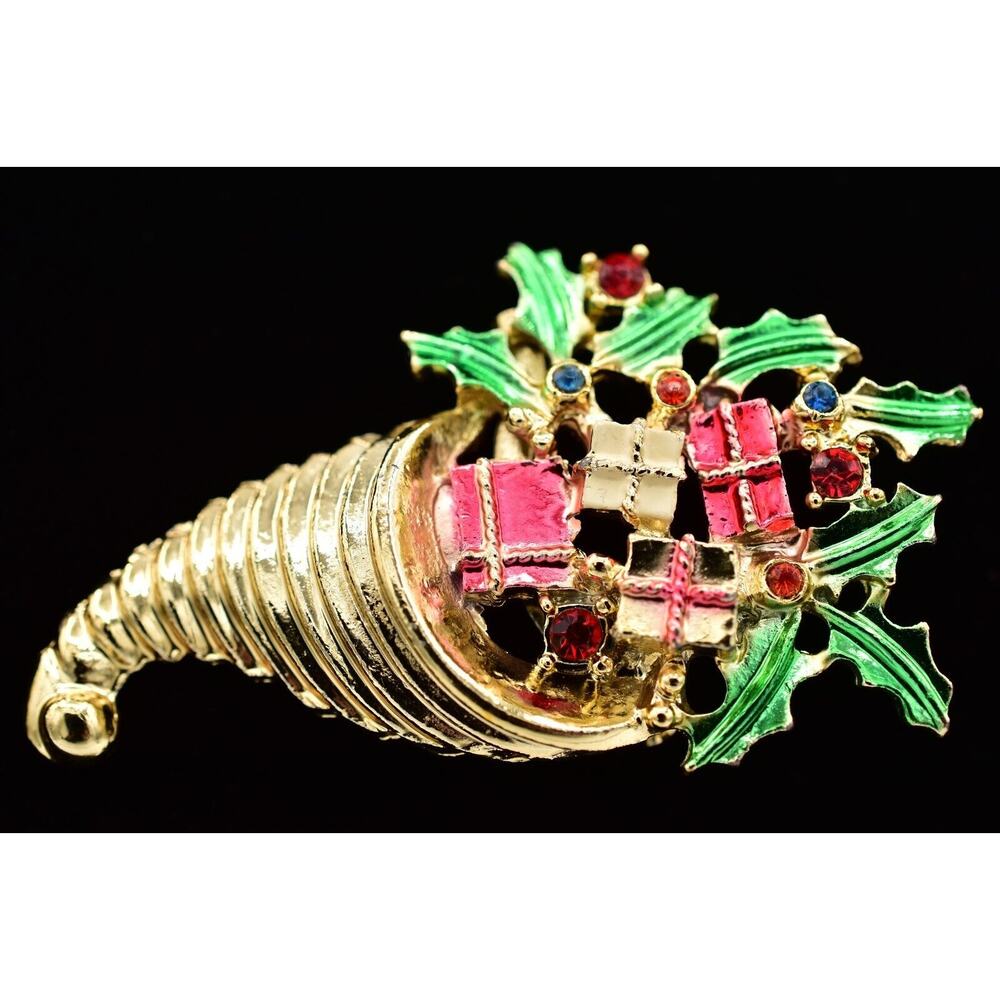 B.J Vintage Cornucopia Pin Brooch Red Present Christmas Holiday Signed Bin5B